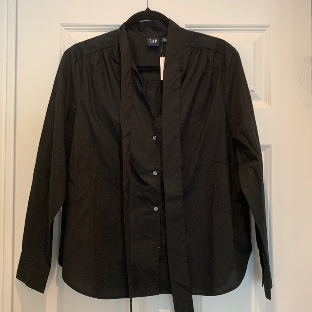 Gap Black Tie Neck Button Down Top - image 1